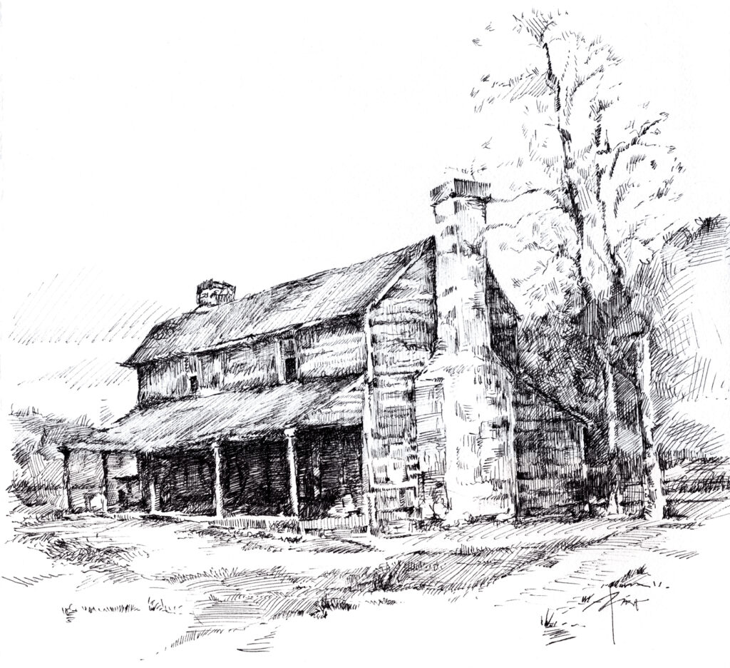 Cesar Biojo's drawing of the John Ross House. This was used as the frontispiece for The View from My Ridge by Charles E. Rice (Canopic 2003)